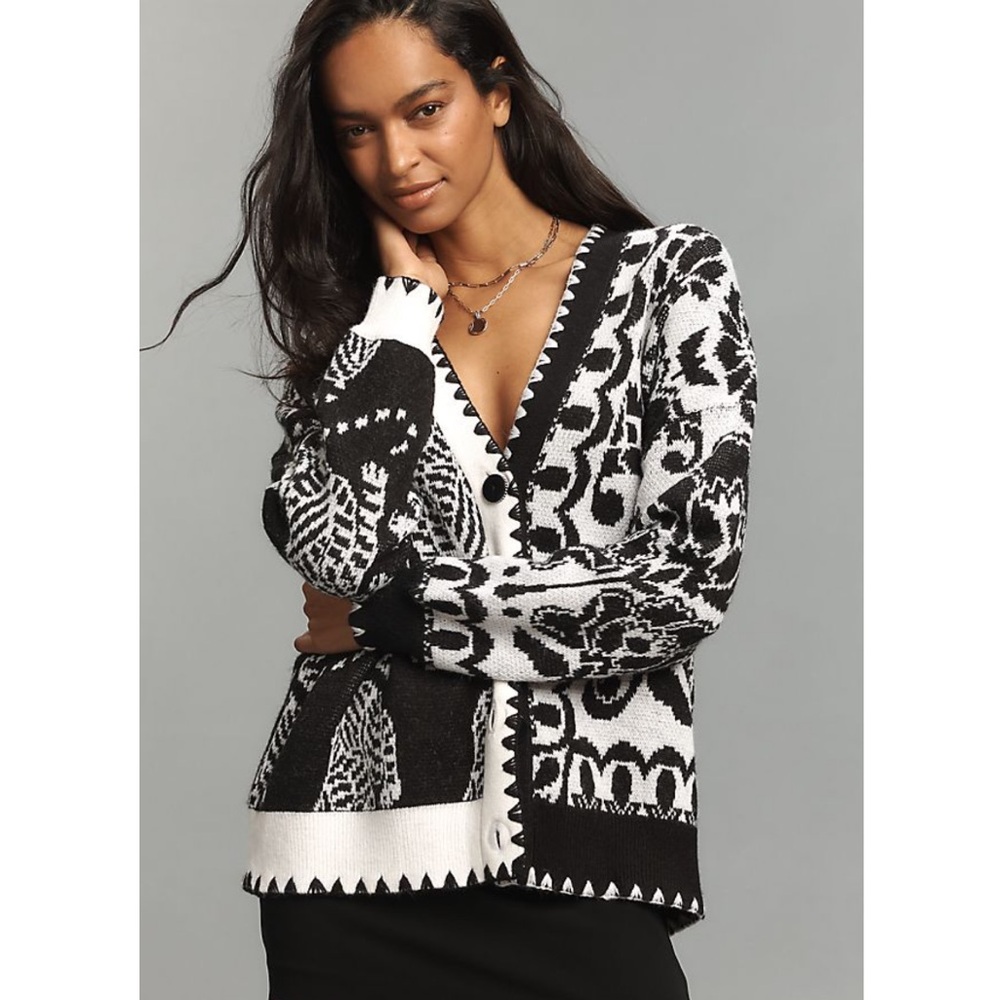 FARM Rio Black & White Mixed Striped Tigers Buttoned Knit Cardigan Size XS NWT
